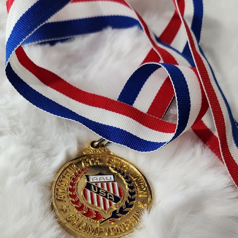 Gold AAU Championship Medal with Red, White, and Blue Ribbon